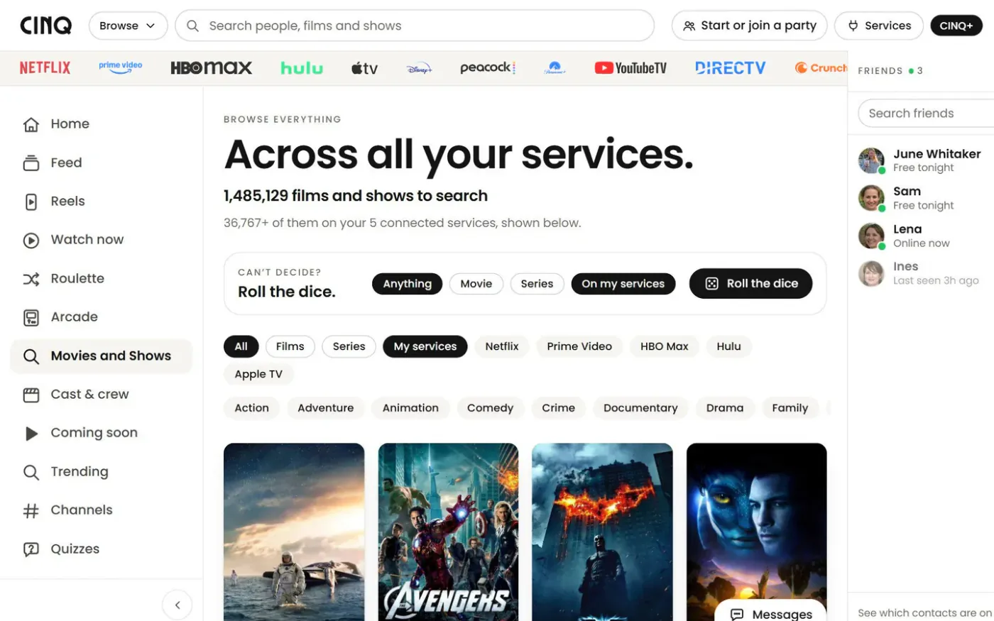 Browse on CINQ: Across all your services, 1,485,129 films and shows, with filters for services and genres over a row of posters