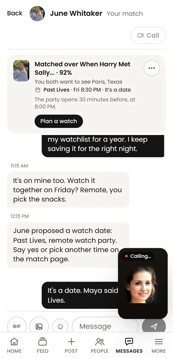 The same call pulled down to a small Calling tile in the corner, over the chat with June