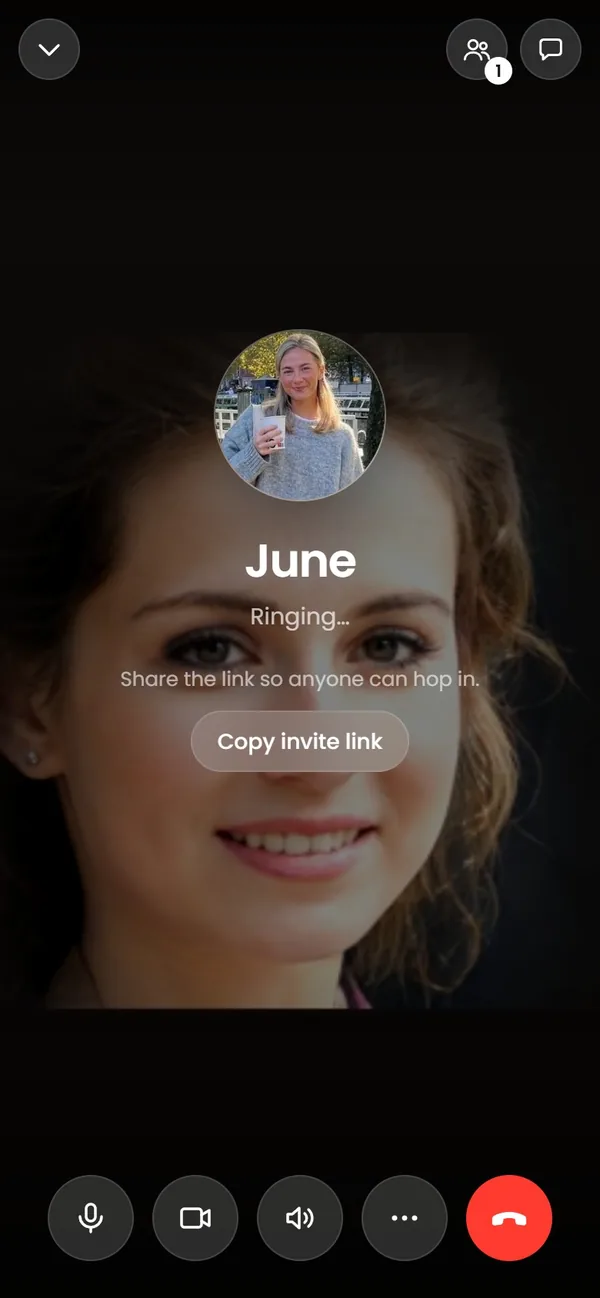A CINQ video call to June on a phone: your camera fills the screen while it rings, with mute, camera, speaker and the red Leave button