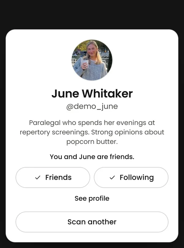 June's code, scanned: her profile opens with Friends, Following and See profile