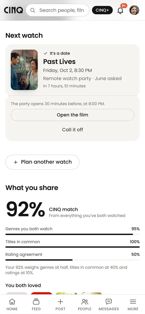 A watch date with June: Past Lives on Friday at 8:30 PM, a remote watch party, with Open the film and a 92% match below