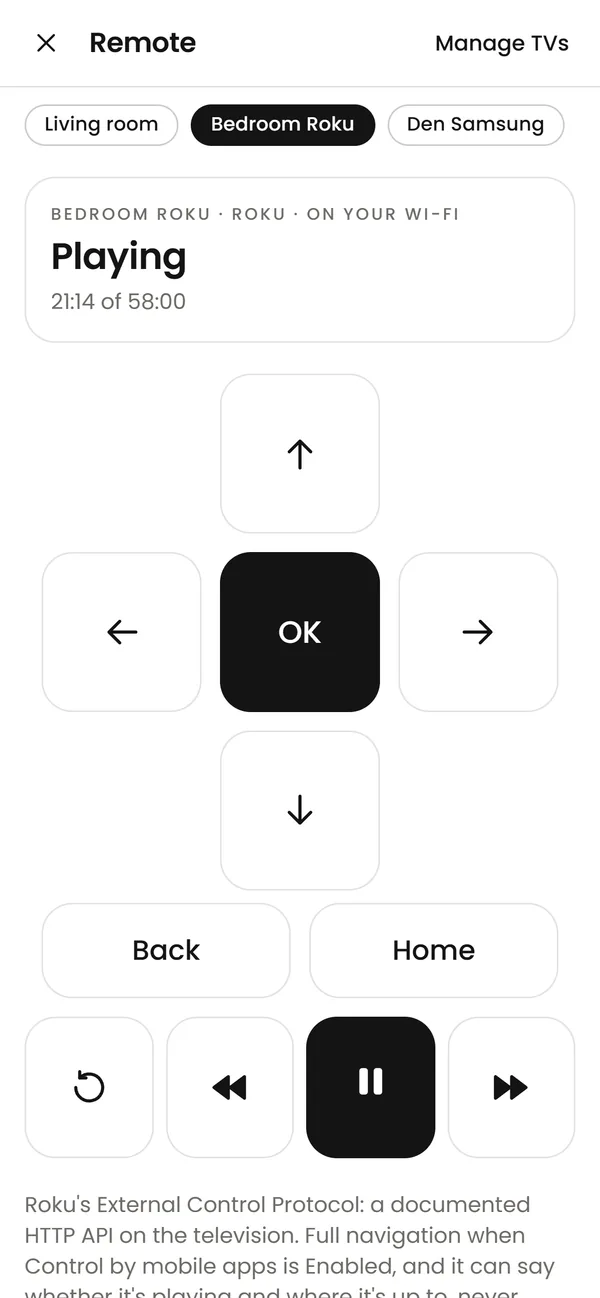 The CINQ remote, full screen: the Bedroom Roku playing at 21:14 of 58:00, with arrows, OK, Back, Home, replay, rewind, pause and fast-forward