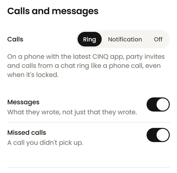 CINQ's notification settings: Calls set to Ring, beside Notification and Off, then switches for messages and missed calls