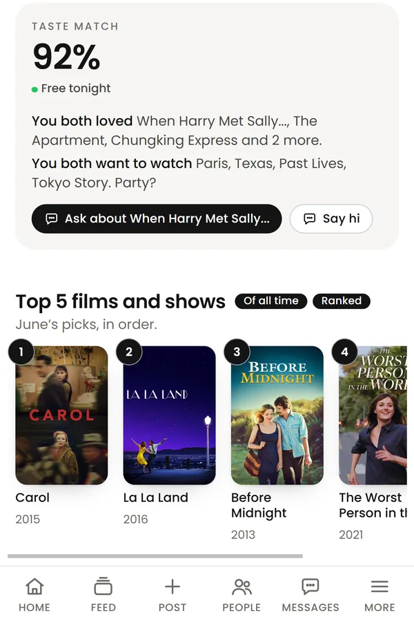 June's profile: a 92% taste match, the films you both loved and both want to watch, Ask about When Harry Met Sally and Say hi