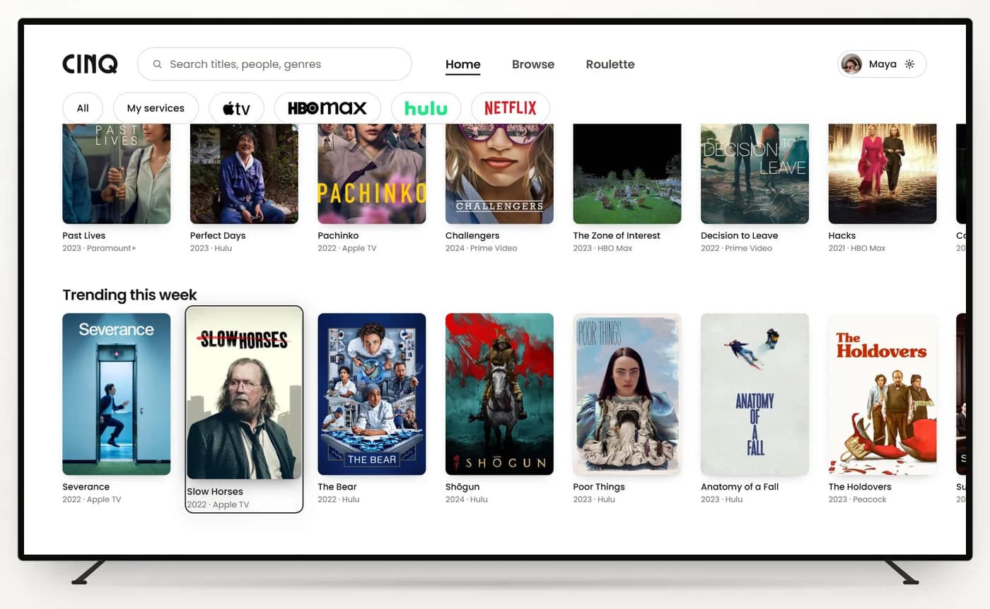 CINQ on an Apple TV: Home, with your services along the top, your watchlist and Trending this week