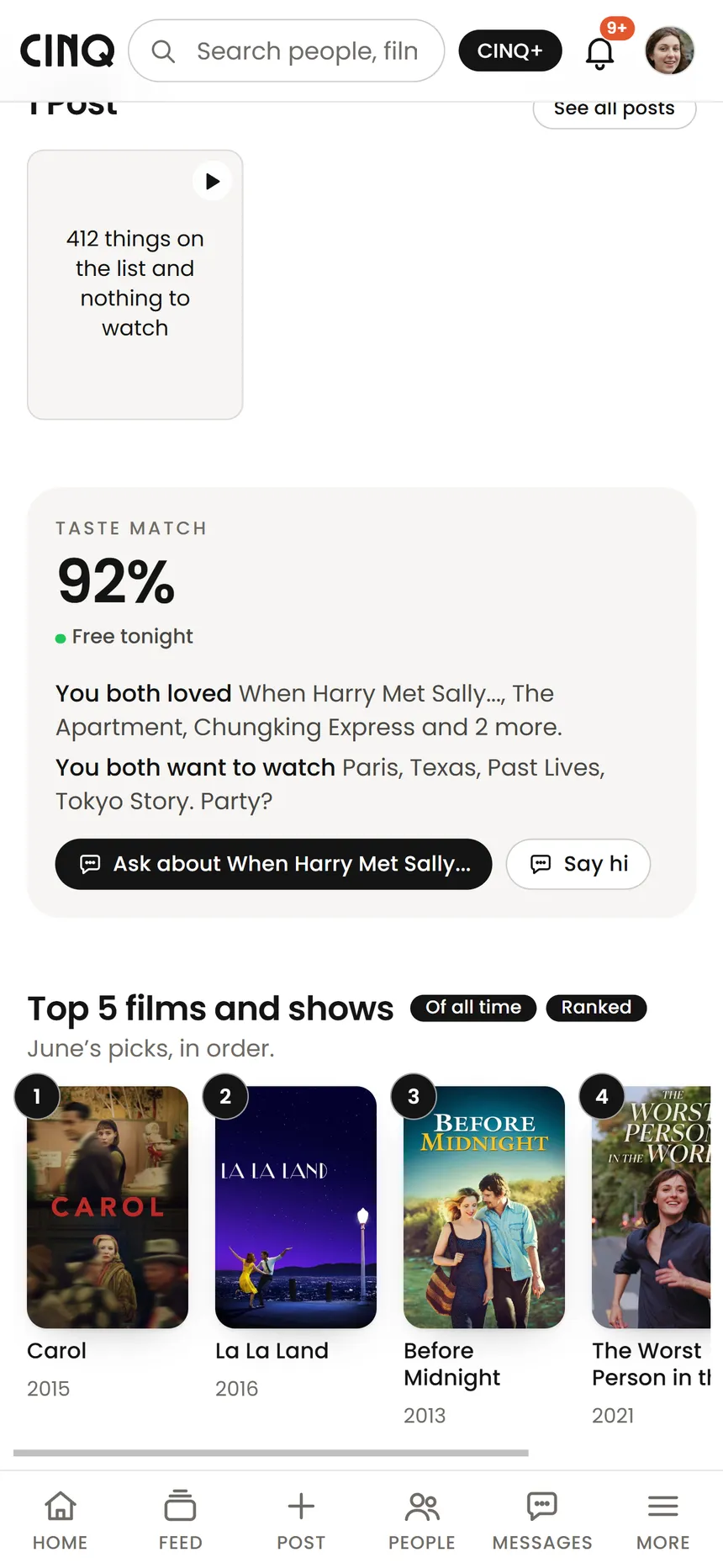 June's profile in the CINQ app: a 92% taste match, and her top five films