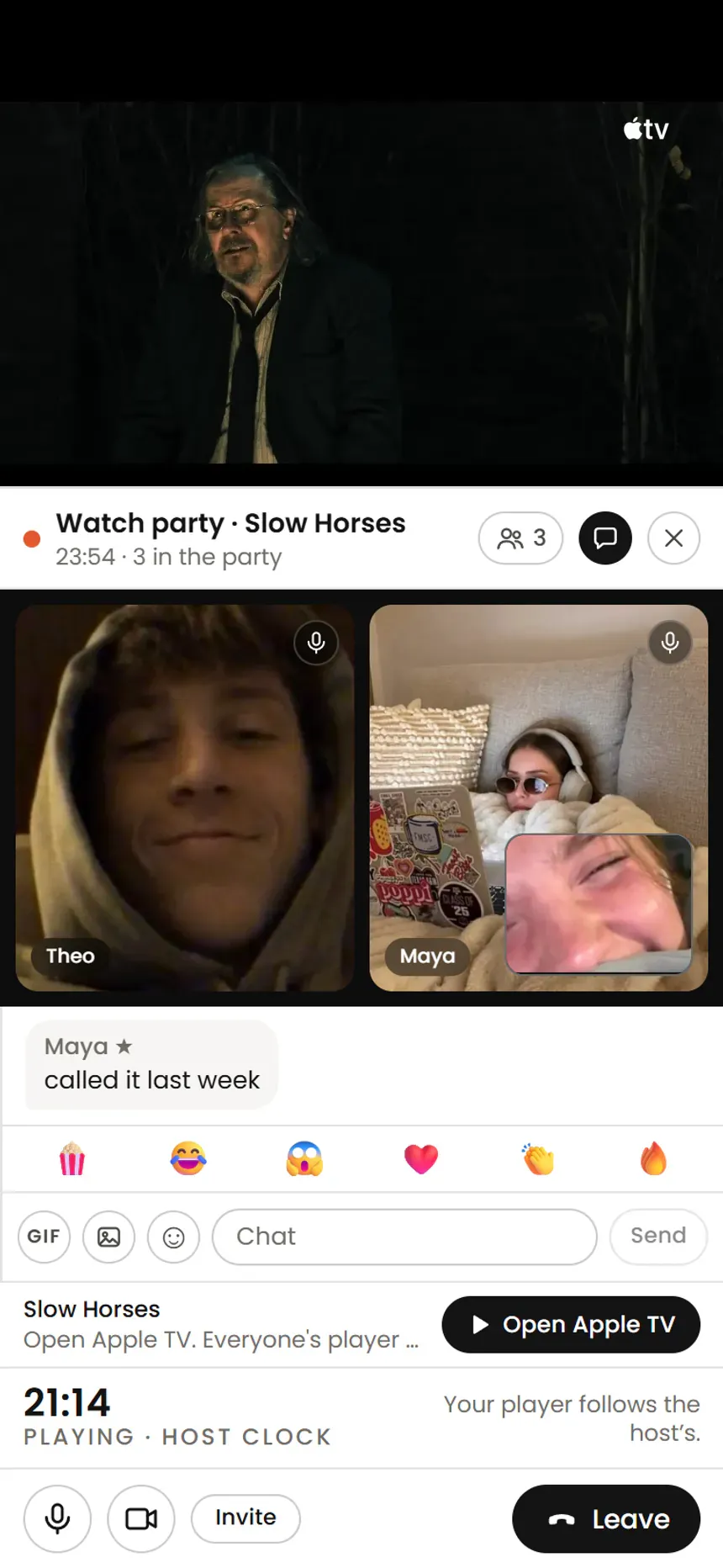 A watch party in the CINQ app: Slow Horses at the top, the party docked under it with friends on video, the chat and the shared clock