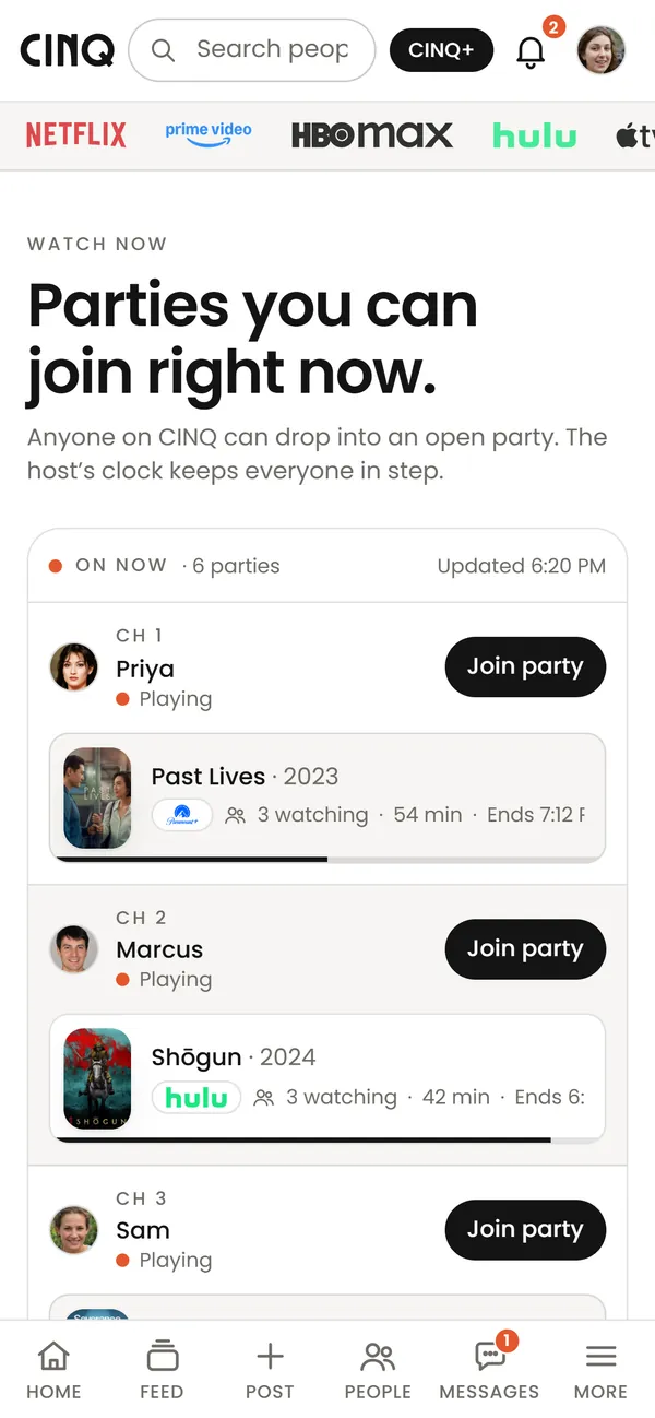 Watch now on a phone: Priya's Past Lives party, Marcus's Shōgun party and Sam's, each with Join party