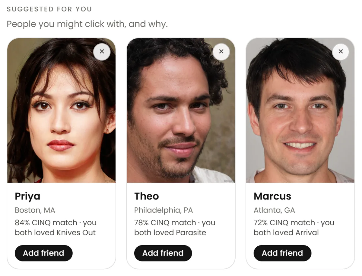 Find people on CINQ, suggested for you: Priya, an 84% CINQ match who also loved Knives Out, Theo at 78% for Parasite, Marcus at 72% for Arrival