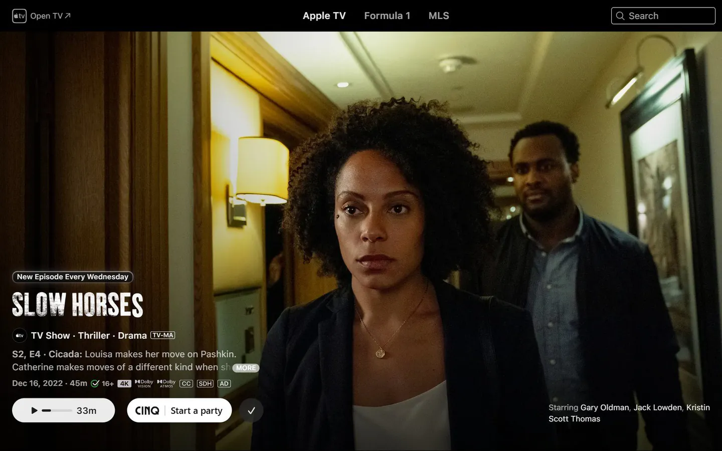Slow Horses on Apple TV in a browser, with CINQ's Start a party button beside Apple's own play button